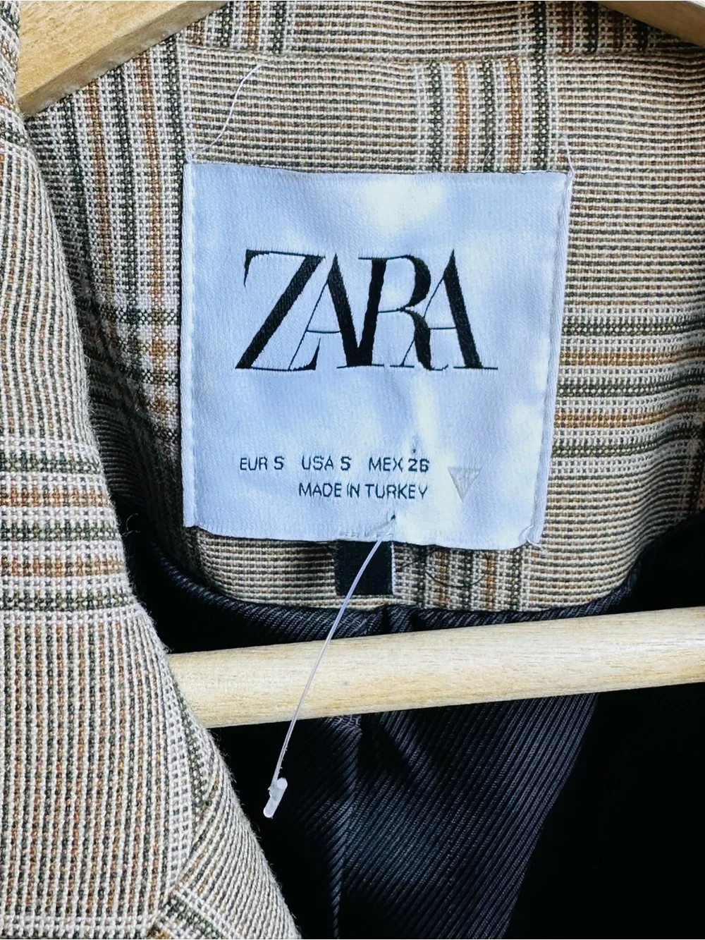 Zara Crop Blazer Jacket Plaid Tan Brown Boxy Blogger Preppy Business Casual S - Picture 8 of 16